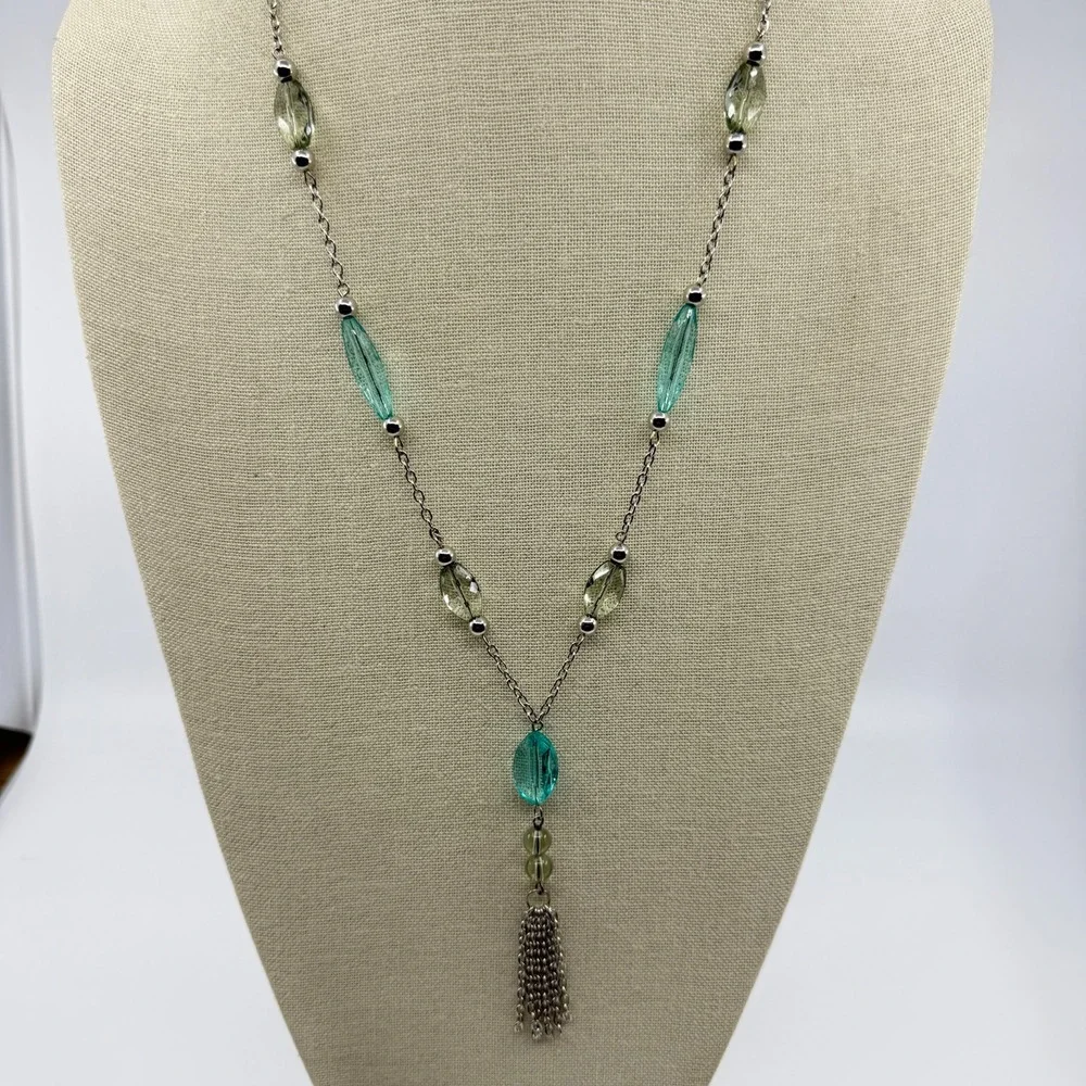 Necklace Turquoise Tone Green Bead Y Drop Silver Tone Chain Tassel Statement